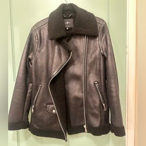 7 For All Mankind Sherpa Moto Jacket, Black Faux Leather, Women’s XS